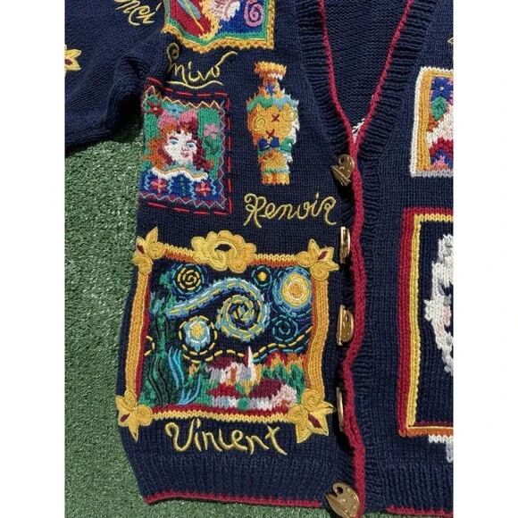 VERY RARE BellePointe Art Cardigan Knit Sweater Van Gogh Matisse Renoir Small - Picture 4 of 14